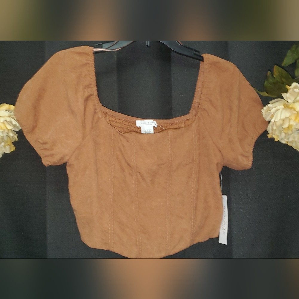 Kirious Los Angeles NWT SZ M Women’s Brown Suede crop corset Puff Sleeve Shirt